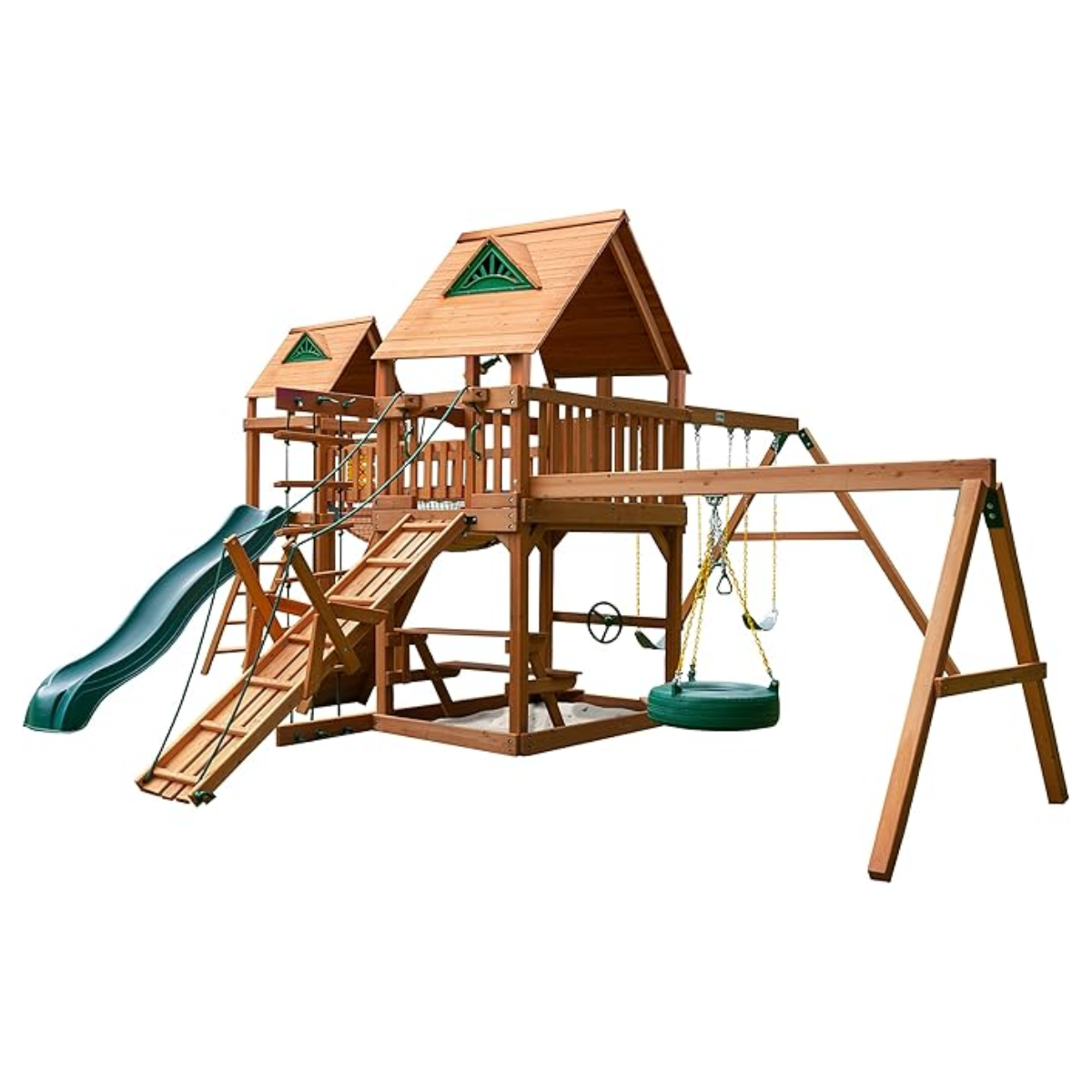 zymove-product-54-image-1.png Gorilla Playsets Pioneer Peak Cedar Treehouse Swing Set with Clatter Bridge and Tire Swing - Image 1
